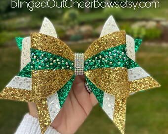 Team Orders Only, Min order 10+ cheer bows//The "Classic" with stripes//white, green and gold cheer bow// triple threat cheer bow