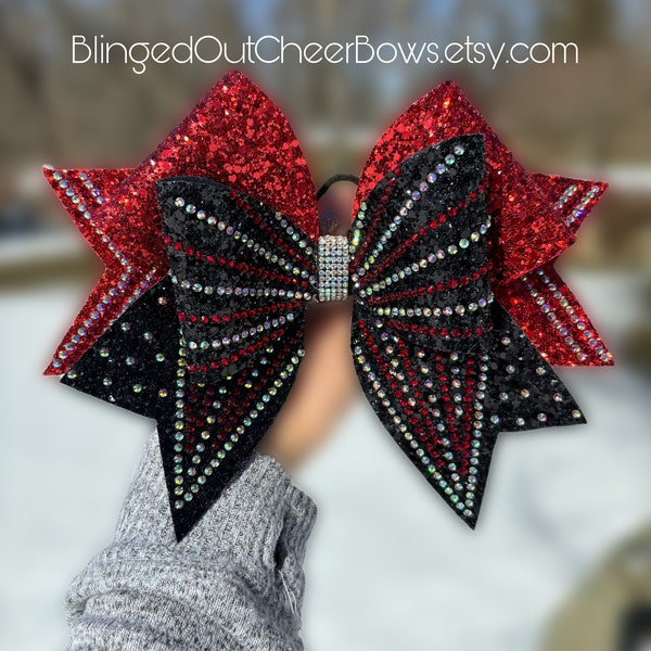 NEW STYLE!!!! Butterfly !!!!  Large 8.5” bow with red, and black cheer bow//  red rhinestone bow//