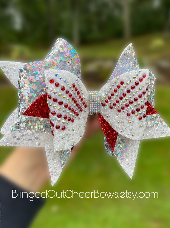 Red and white rhinestone cheer bow// competition cheer bows// team cheer  bows//Large 7 rhinestone cheer bow