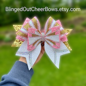 Pink, gold and white rhinestone cheer bow// competition cheer bows// pink cheer bow//