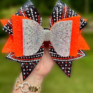 Neon Orange and black cheer bow// black rhinestone cheer bow//rhinestone cheer bow// competition cheer bows//cheer bow