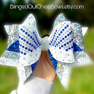 The "Sunrise" Bow//Royal Blue and white  rhinestone cheer bow// competition cheer bows// team cheer bows//Large 7" rhinestone cheer bow