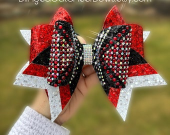 The "Badabling" Bow// Large 7" cheer bow with red, white and black colors and rhinestones //  red rhinestone bow// rhinestone cheer bow