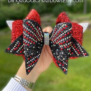 Ready to ship!!!!!!!!!//The &quot;Sunrise&quot; Bow//Red and black rhinestone cheer bow// competition cheer bows// team cheer bows