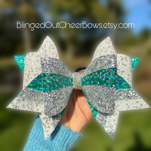 The "Classic" with stripes//Large 7" rhinestone white, teal and silver cheer bow// triple threat cheer bow//competition cheer bow