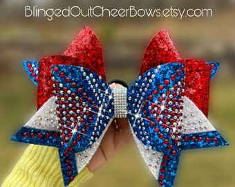 Team Orders Only, priced per bow, Min order 10+ bows// Large 7" cheer bow with Royal blue, white and red //rhinestone cheer bow