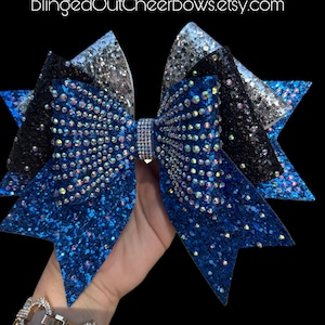 Team orders only!!  Min order 10+ bows//Large 8.5” bow with royal blue, black and silver cheer bow//  blue rhinestone cheer bow//