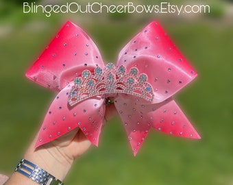 Pink satin chee Bow// pink rhinestone cheer bow// pink awareness cheer bow// October bow// Rhinestone Sublimation Cheer Bow//team cheer Bows