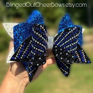 Team Orders Only/ Mon order 10+ bows- The &quot;Sunrise&quot; Bow//Royal blue and black rhinestone cheer bow// competition cheer bows//7&quot; cheer bow