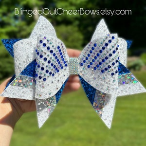 Team Orders Only, Min order 10+ bows//The "Sunrise" Bow//Royal Blue and white  rhinestone cheer bow// competition cheer bows/team cheer bows