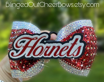 The "Dolly" Bow//Custom Team Orders Available// Red Rhinestone Tailless Cheer Bow// Competition Cheer Bow// Cheer Bow with Team Name