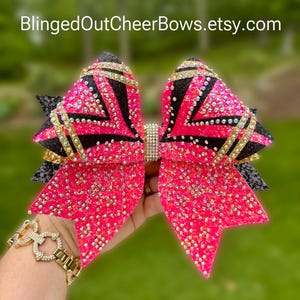 Neon pink cheer bow// pink rhinestone cheer bow//rhinestone cheer bow// competition cheer bows//cheer bow