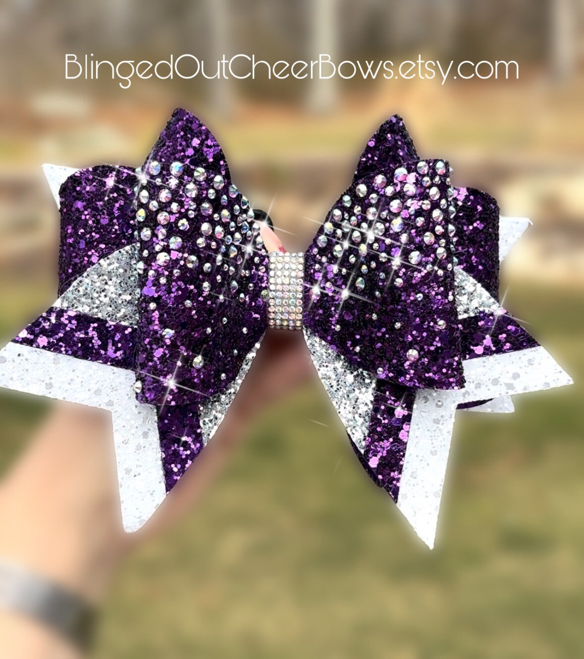 New Large Purple Glitter Cheer Bow Rhinestone Tailless Competition Hair Bow Purple Glitter Cheer Bow main image 4