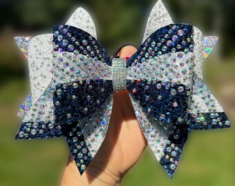 The "Sunrise with Stripes"//Large 7" navy, silver and white  rhinestone cheer bow//navy and white cheer bow