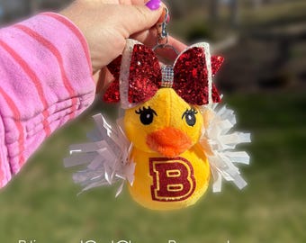 Customizable cheer duck keychain// Cheer duck with bow keychain // good luck cheer duck keychain // cheer duck with pom poms keychain