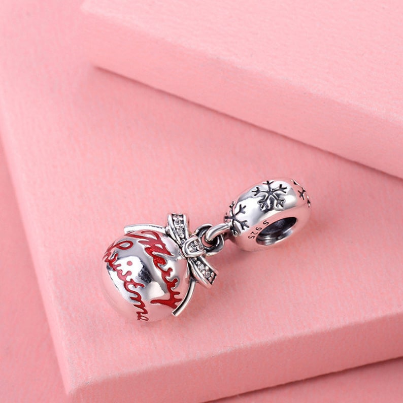 Clear CZ Dangle Pendant Charm Fit European DIY Bracelets Fine Jewelry 925 Sterling Silver Christmas ornament with translucent Red Enamel