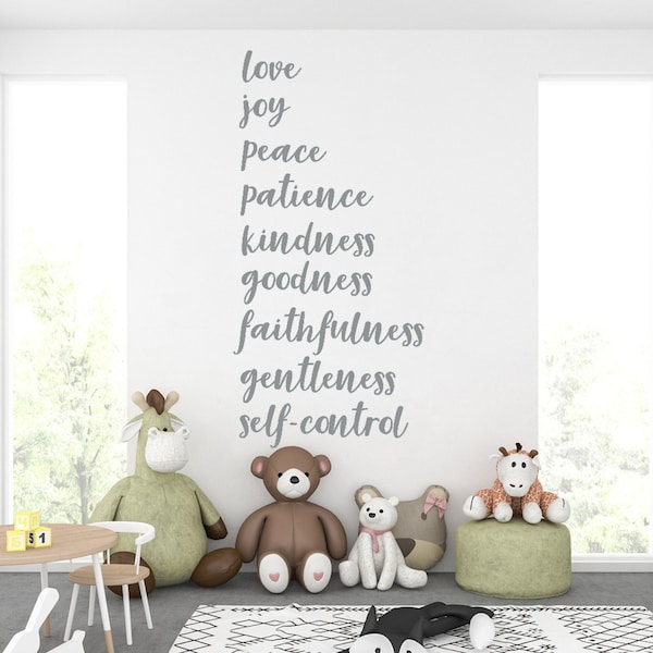 Fruit of the Spirit vinyl scripture wall decal set for home, office or play room decor. Statement gifts and wall art for bible believers.