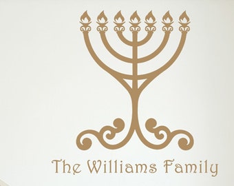 Family Name Wall Decal- Custom Menorah decor for your feast of dedication. Seasonal gifts and wall art for your Hanukkah celebration.