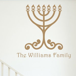 Family Name Wall Decal- Custom Menorah decor for your feast of dedication. Seasonal gifts and wall art for your Hanukkah celebration.