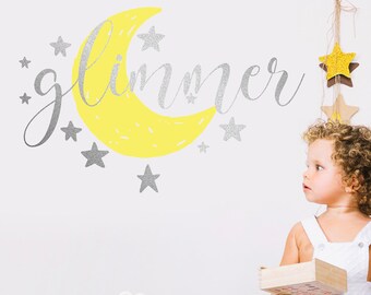 Meaningful “Glimmer” Star and Moon Vinyl Wall Decal Set – Inspirational Kids Room or Nursery Decor – Includes 14 Stars, 1 Moon, and Word Art