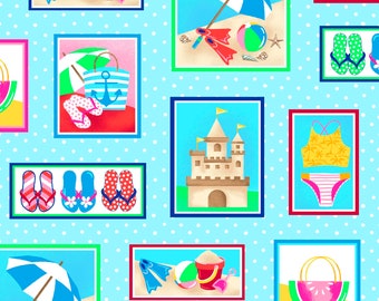 Beach Motifs Blue Just Beachy Henry Glass Fabrics Fabric Cloud Cover 100% Cotton  Available Fat Quarters, Half Metre, Metres