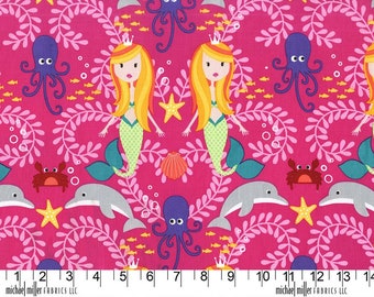 Mer-Mates Siren Sisters Michael Miller Fabric Pink 100% Cotton Fat Quarters, Half Metre, Metres