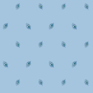 May include: A seamless pattern of blue peacock feathers on a light blue background. The feathers are arranged in a repeating pattern, creating a subtle and elegant design.