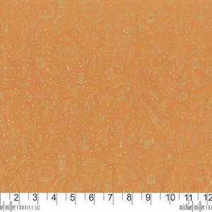 May include: Orange fabric with a white and gold pattern of Christmas-themed illustrations. The pattern includes snowflakes, trees, presents, and musical instruments.