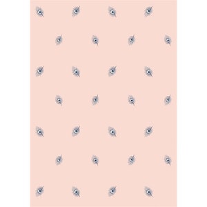 May include: A seamless pattern of blue peacock feathers on a light pink background.
