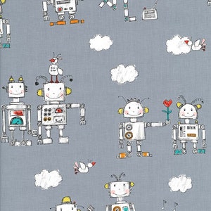 Peut inclure: Un tissu gris avec un motif de robots blancs et jaunes. Les robots ont des expressions différentes et tiennent divers objets, dont une fleur, un oiseau et une radio. Le tissu présente également des nuages blancs et des notes de musique.