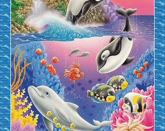May include: A colorful underwater scene with two black and white orcas jumping out of the water, a gray dolphin swimming in the coral reef, and other colorful fish and sea life.