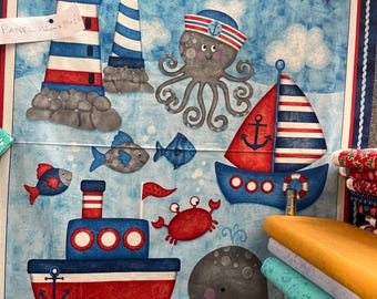 May include: Nautical-themed fabric panel featuring a lighthouse, sailboat, octopus, whale, and fish illustrations. The panel has a blue background with white clouds and waves. The fabric measures 44 inches by 33 inches.