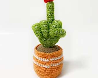 Cactus with middle finger, stuffed plant in the pot