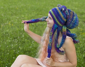Octopus blue and green hat, handmade funky hat,  animal wrap, animal lover, sea creature lovers gift, warm present