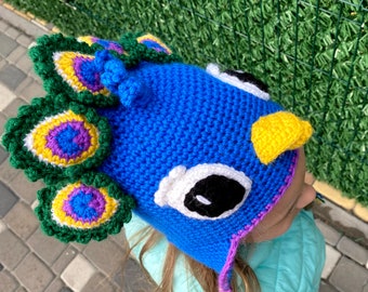 Peacock hat, handmade funky hat, animal lover gift, warm present for kids