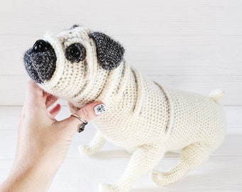 Pug dog fluffy, stuffed puppy toy, plush doggy, pug dog lovers gift, handmade knitted pug