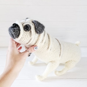 Pug dog fluffy, stuffed puppy toy, plush doggy, pug dog lovers gift, handmade knitted pug
