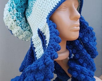 Blue Crochet Octopus Beanie, Funky Animal Hat, Handmade Costume Hat