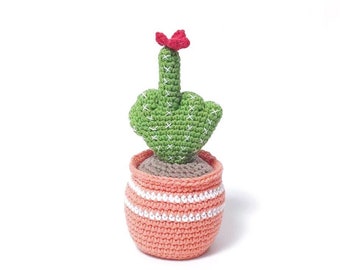 Cactus with middle finger, stuffed plant in the pot