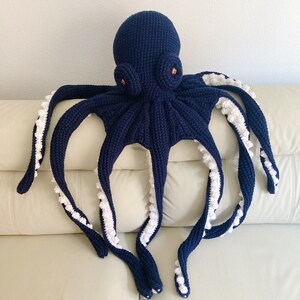 Giant stuffed octopus, dark blue plush octopus, sea animal shaped pillow, ocean themed decor idea