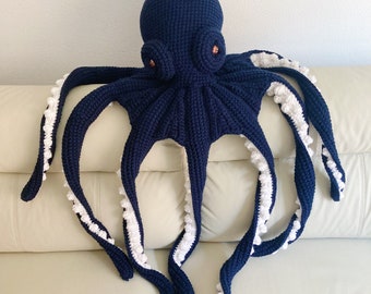 Giant stuffed octopus, dark blue plush octopus, sea animal shaped pillow, ocean themed decor idea