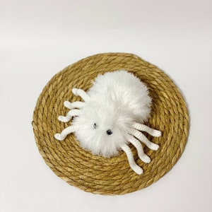 May include: White crocheted spider toy with black eyes, sitting on a woven straw mat.