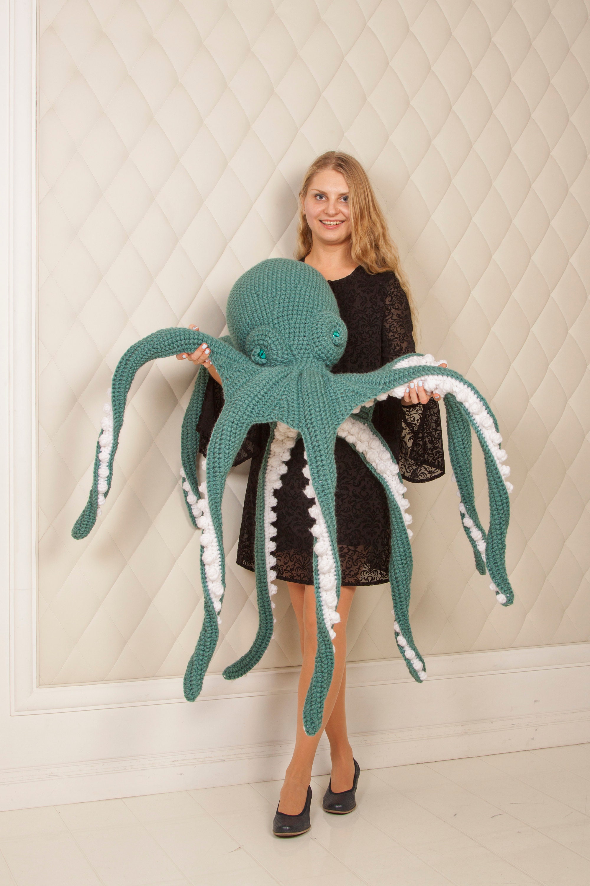 Giant Teal Octopus Pillow, Handmade Ocean Toy, Sea Creature Decor