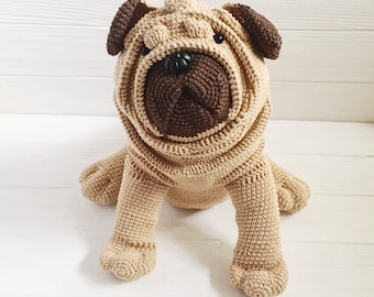 Pug dog stuffed toy, crochet big puppy, plush dog real size, pug dog lovers gift