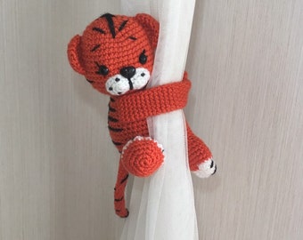 Tiger curtain tieback, amigurumi tiger, handmade cozy children room, home decor accent, soft stuffed forest wild cat