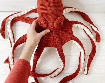 Big stuffed orange octopus, handmade soft interior sculpture, octopus lovers gift