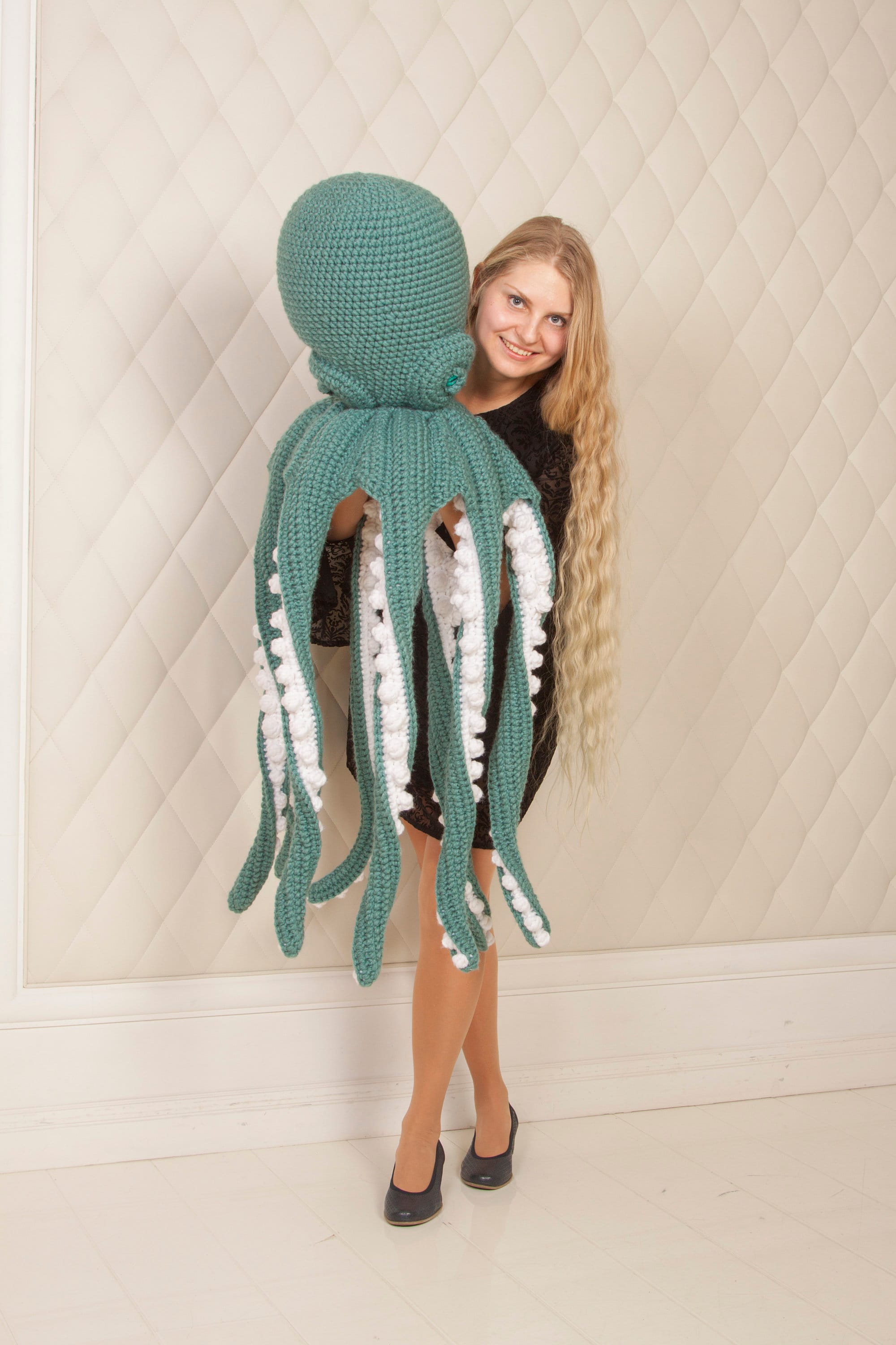Giant Teal Octopus Pillow, Handmade Ocean Toy, Sea Creature Decor