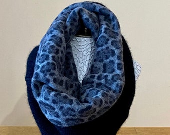 Leopard GRAY and BLACK Cashmere Cowl, Upcycled Wool Cashmere Neck Warmer, Warm, Cozy & Soft to wear, Eco-friendly Wool, Infinity Scarf, OOAK