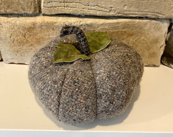CHARCOAL GRAY Wool Tweed Farmhouse Pumpkin, Farmhouse Décor, Thanksgiving Fall Centerpiece, Up-cycled wool,  Leather Leaves, Neutral Decor