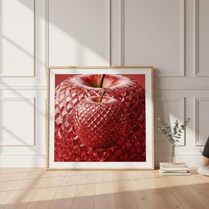 Può includere: Stampa incorniciata con due mele rosse stilizzate con un design geometrico strutturato. La mela più grande circonda quella più piccola. L'opera d'arte è esposta su un muro con una donna che passa.